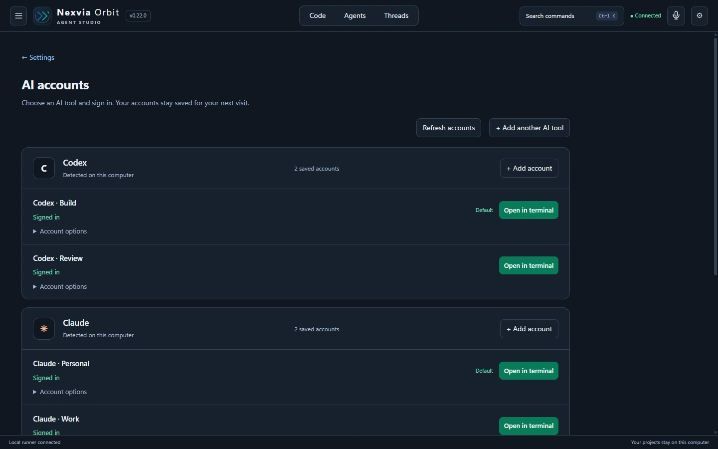 Actual Orbit AI accounts page groups two saved Codex accounts and two saved Claude accounts