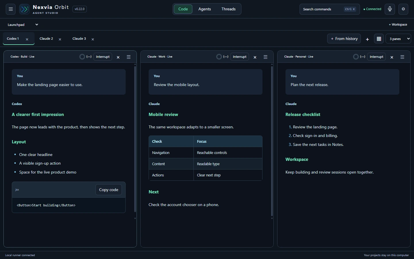 Actual Nexvia Orbit workspace with a Codex account and two Claude accounts in three side-by-side sessions